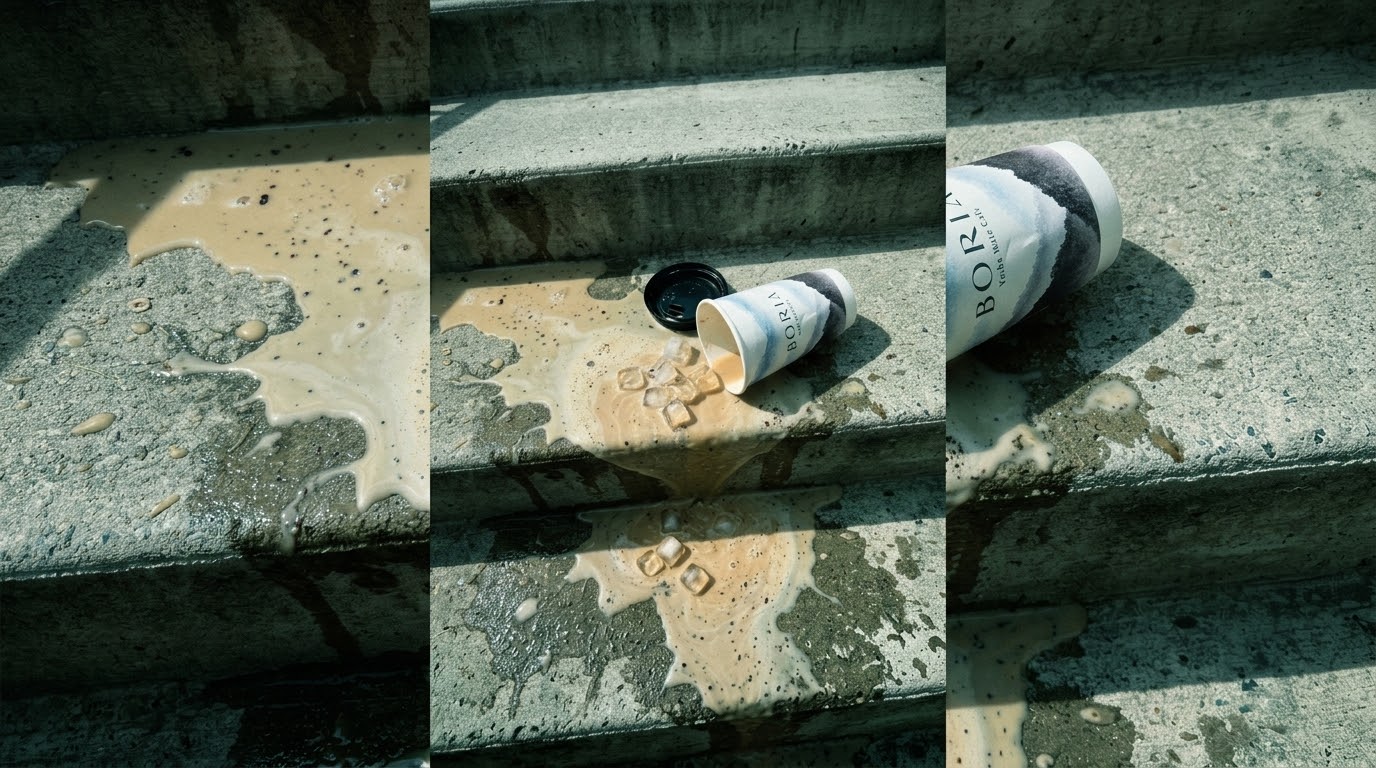 A BORIA cup spilled across concrete steps